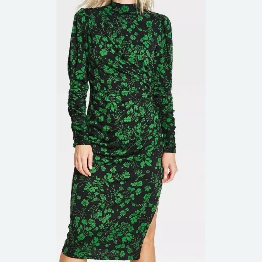 Who What Wear Black Green Floral Ruched Midi Dress Size M